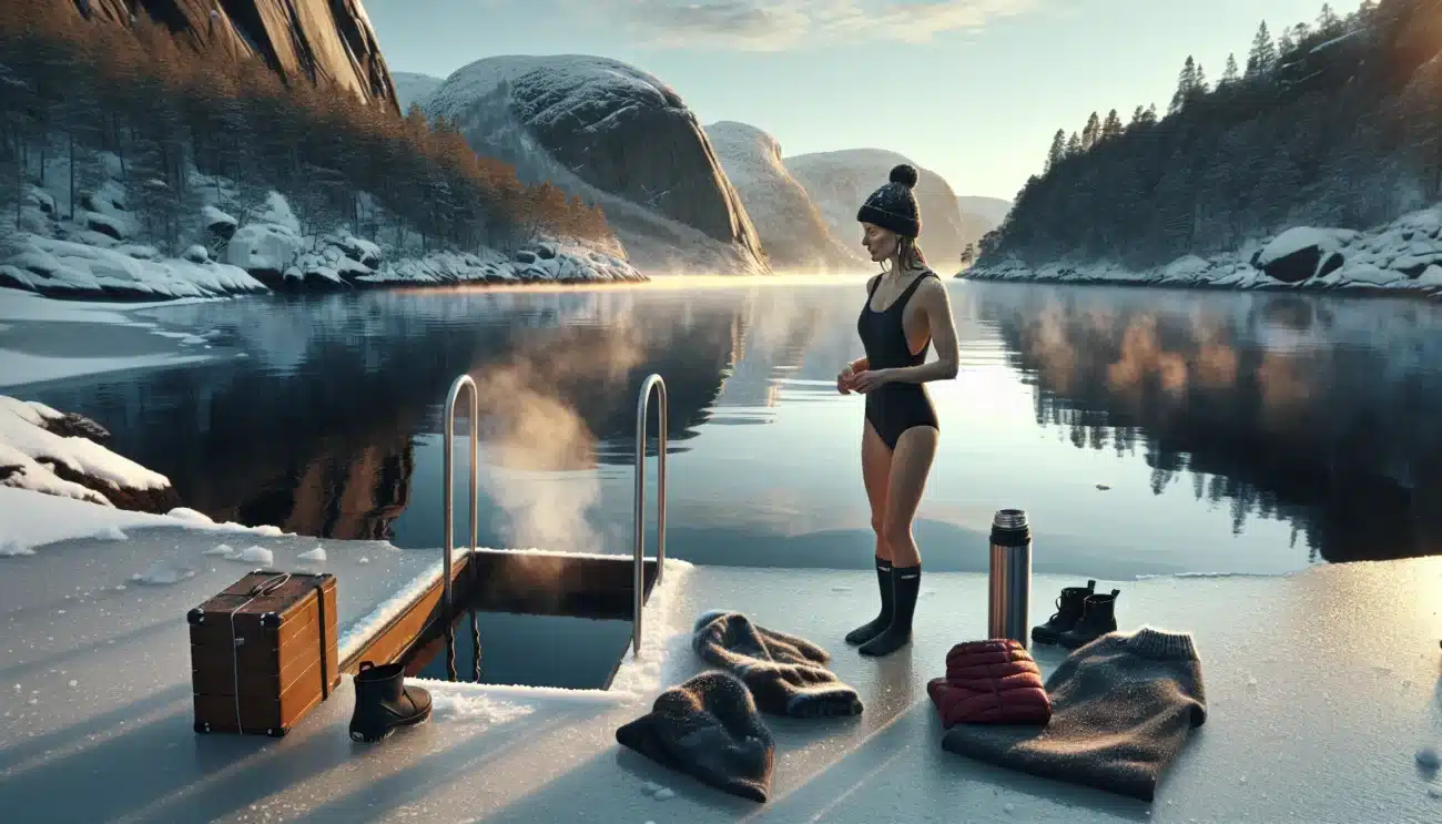 A calm ice bather in a norwegian fjord using cold water to boost health
