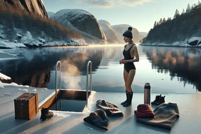 A calm ice bather in a norwegian fjord using cold water to boost health