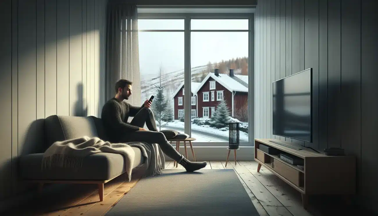 Man by window in norwegian home improving mobile signal and using wifi router