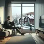 Man by window in norwegian home improving mobile signal and using wifi router
