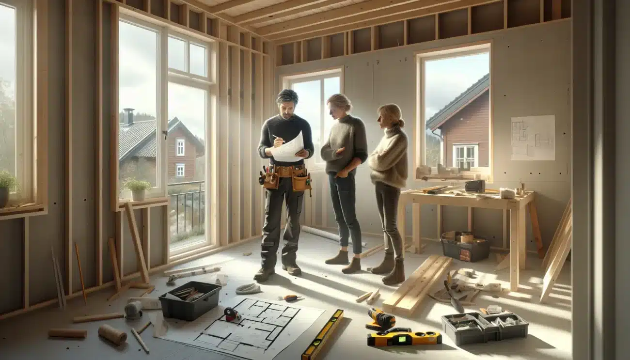 Norwegian carpenter advising homeowners in a partially renovated house with exposed wall studs