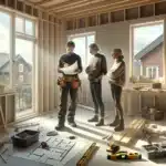 Norwegian carpenter advising homeowners in a partially renovated house with exposed wall studs