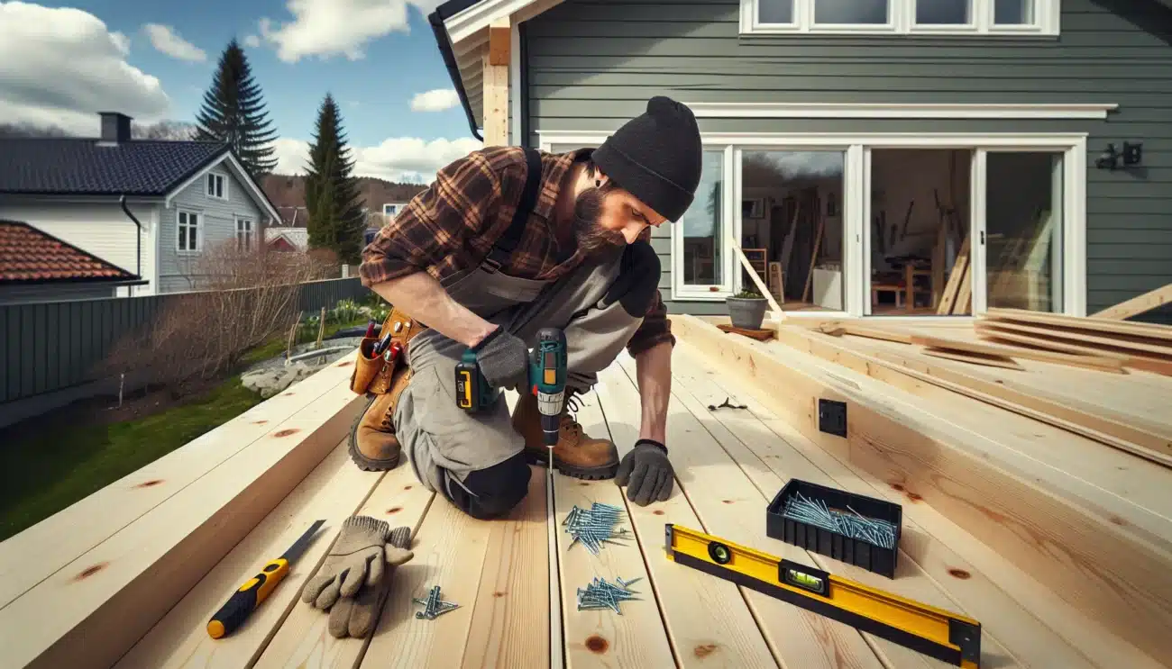 Norwegian man building a wooden terrace frame and decking outside his house