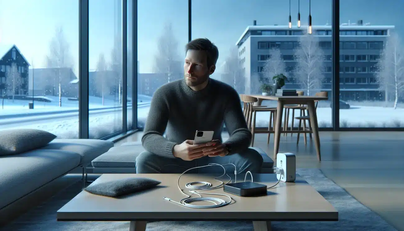 Norwegian man managing smartphone battery settings in a cozy living room
