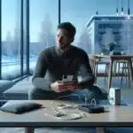 Norwegian man managing smartphone battery settings in a cozy living room