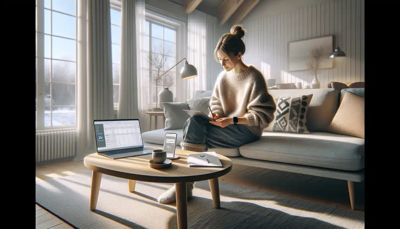 Norwegian woman calmly planning daily life with smart devices in a cozy living room