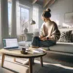 Norwegian woman calmly planning daily life with smart devices in a cozy living room