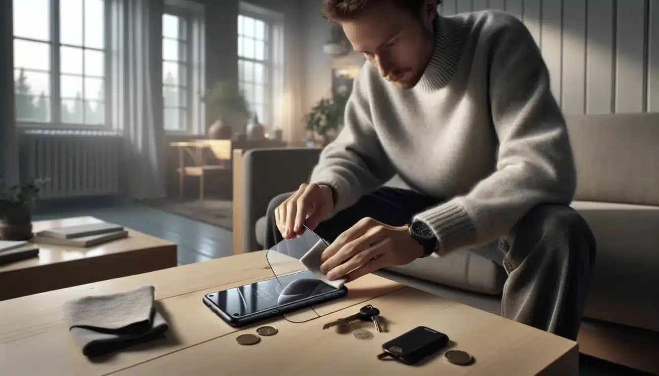 Person in a norwegian living room cleaning a protected smartphone on a table