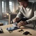 Person in a norwegian living room cleaning a protected smartphone on a table