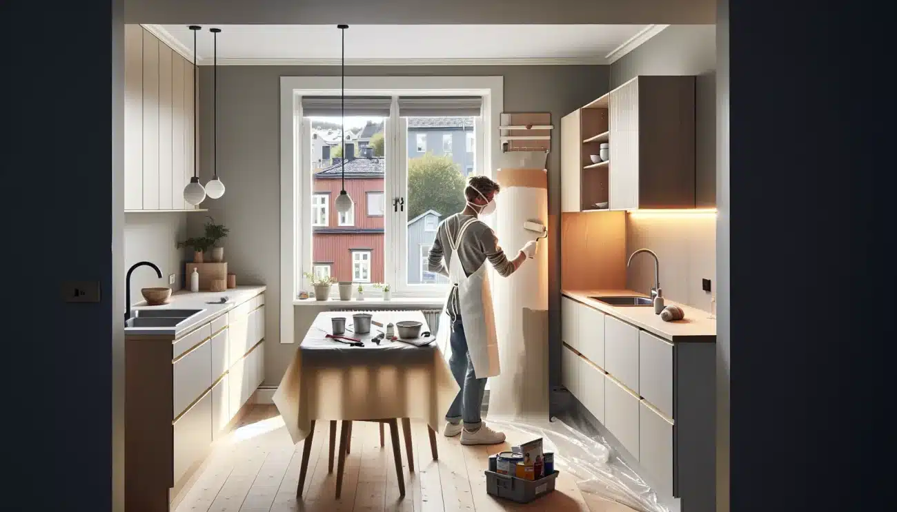 Person painting kitchen cabinets in a bright norwegian home renovating on a budget