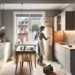 Person painting kitchen cabinets in a bright norwegian home renovating on a budget