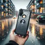 Smartphone with rugged case falling toward wet asphalt on a rainy norwegian street