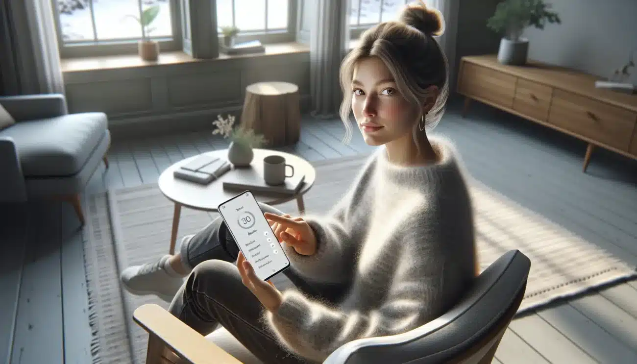 Woman in a norwegian living room adjusting battery settings on her smartphone